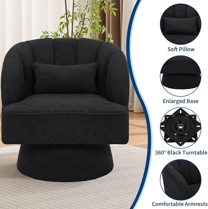 Mid Century Modern Swivel Barrel Chair - 360° Swivel Accent Chair with Plush Teddy Fleece Upholstery &amp Wide Cushioned Seat Round Lounge Sofa Chair for Living Room Bedroom Office (Black 1 PCS)