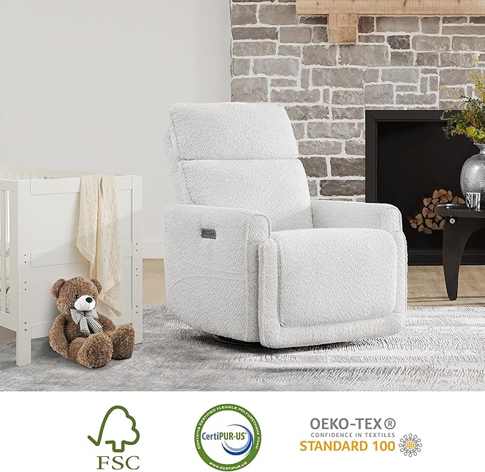 CHITA Power Recliner Chair Swivel Glider with Adjustable Power Headrest FSC Certified Electronic Modern Nursery Rocking Chair with USB and Type-C Ports Boucle White