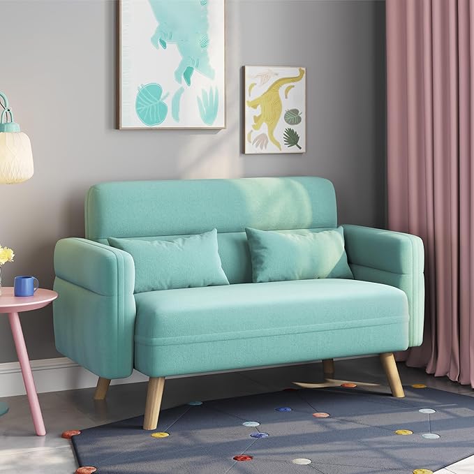 Yaheetech 46 Small Modern Fabric Sofa Loveseat Mid Century 2 Seater Sofa Couch with Lumbar Pillows Solid Wood Legs for Living Room Small Space Dorm Office Bedroom Aquamarine