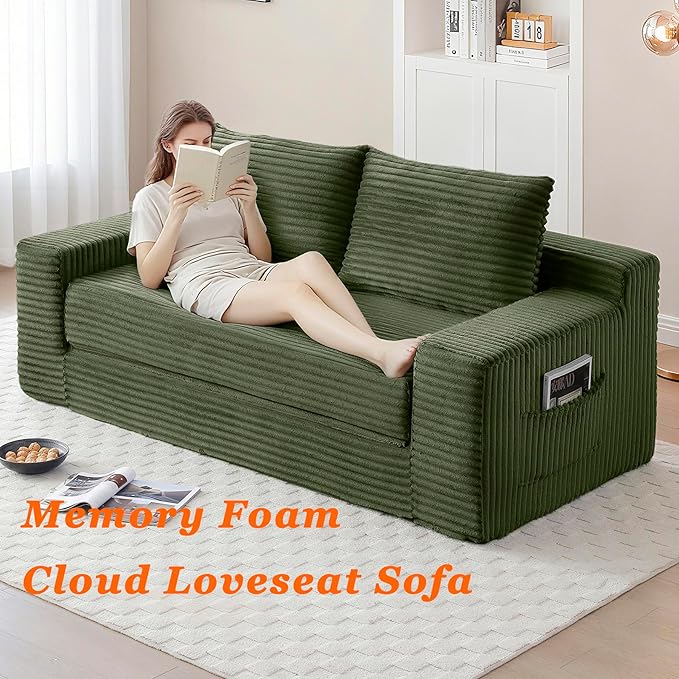 73 Cloud Loveseat Sofa Bed Green - Boneless 2-Seater Couch No Assembly Convertible Folding 2-in-1 Design Small Space Corduroy Memory Foam Floor Lounge Couch for Bedroom Living Room (Green)