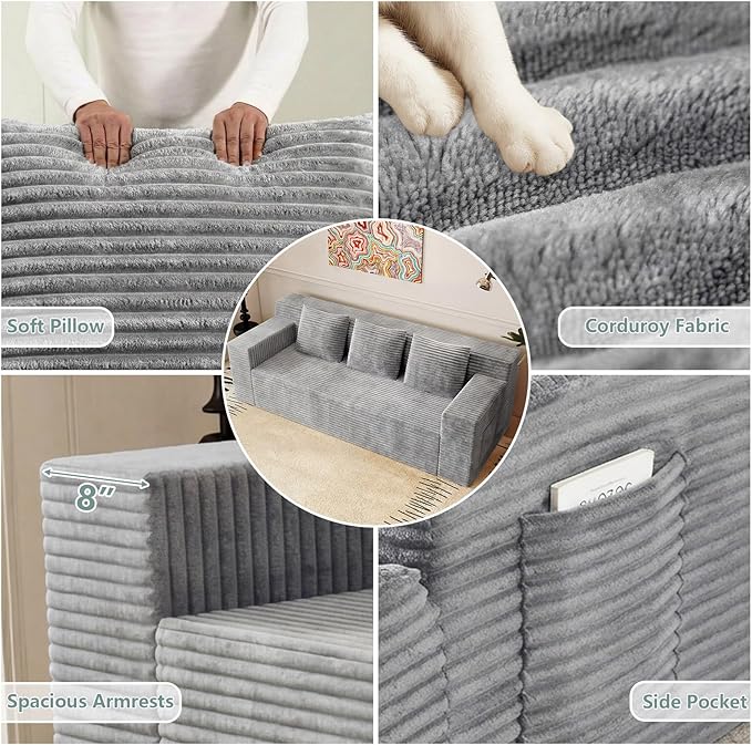71 Cloud Loveseat SofaBoneless Deep Seat 2-Seater with 3 Pillows&ampSide PocketNo Assembly Foam Floor CouchPlush Corduroy Living Room Sofa for Small Space Apartment(Flat HandrailLight Grey)