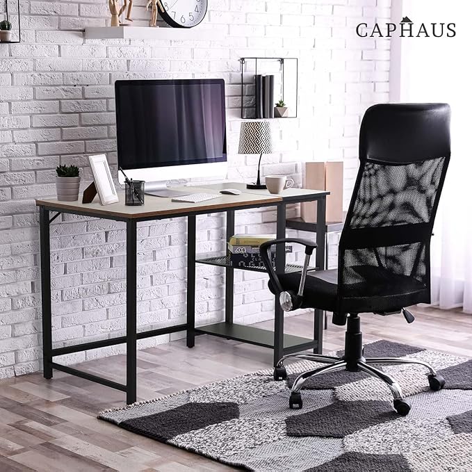 CAPHAUS 47 Inch Computer Desk with 2-Tier Storage Shelves for Home Office &amp Gaming Small Spaces Desk for Bedroom/Office/Dorm Easy Assemble P2 Board &amp Steel Legs Rustic Oak &amp Black (220