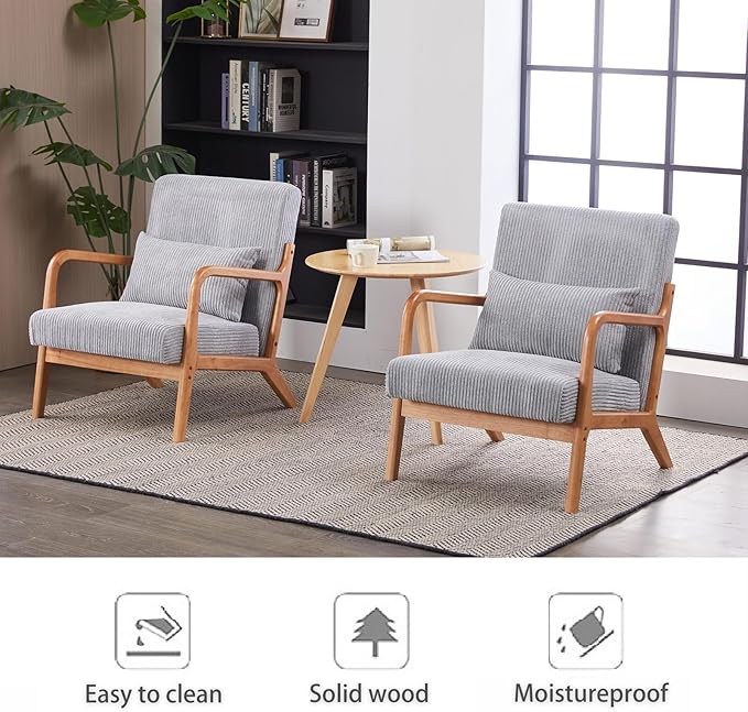 Mid Century Modern Accent Chair with Waist CushionComfy Upholstered Lounge Chair Ergonomic Reading Chair with Solid Rubberwood Frame for Living Room Bedroom (Light Grey)
