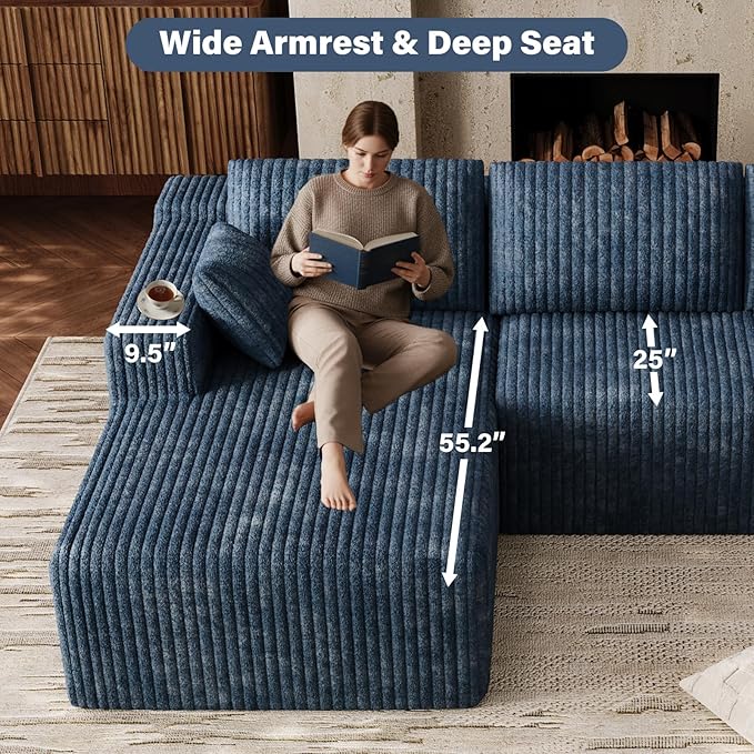103 Boneless Couches for Living Room Comfy L Shaped Sectional Couches Modern Modular Sofa Cloud Fluffy Corduroy Couch with Deep Seat Left Facing Chaise No Assembly Needed Blue