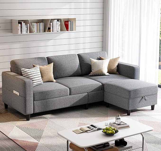 Sectional Sofas Couches for Living Room 78 L-Shaped Couch - Modern Linen Grey Sofa with Storage Ottoman for Apartments Studios &amp Home Offices Small Space
