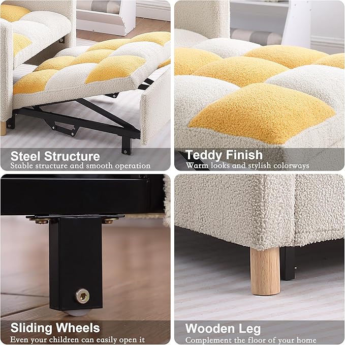 Sleeper Chair Bed Multi-functional Convertible Chair Sleeper Teddy Fabric Adjustable Single Pull Out Sofa Bed with Lumbar for StudioDorm Apartment BedroomOfficeLiving Room (Beige&ampYellow)