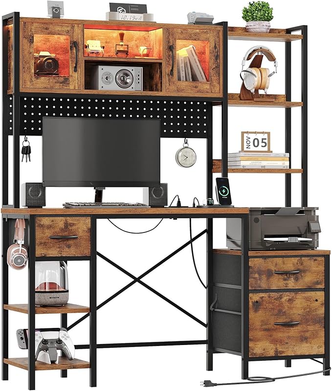 Gaming Desk with Hutch Led Computer Desk with Storage Shelves File Cabinet Gamer Desk with Drawers Pegboard Power Outlet LED Light Workstation for Home Office Black Desk with Hutch
