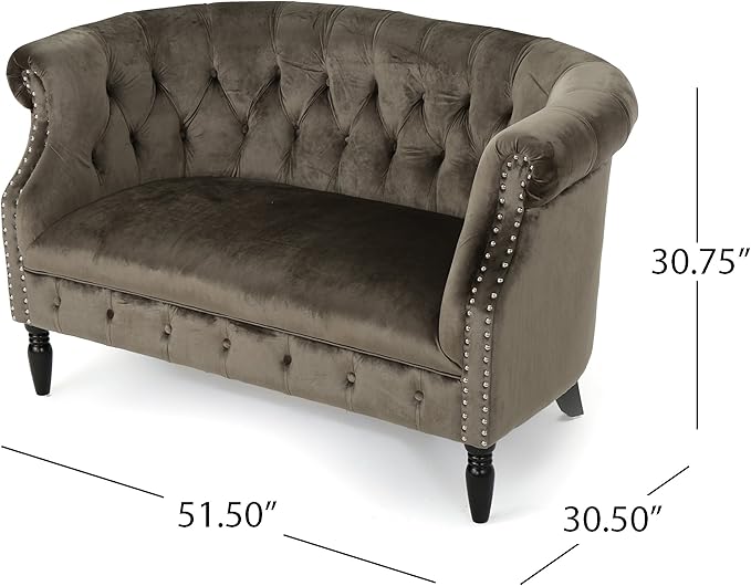 Christopher Knight Home Milani Tufted Scroll Arm Velvet Loveseat Grey / Dark Brown