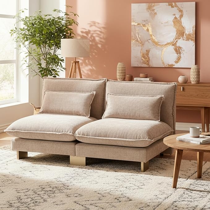 Small Modular Sofa Armless Loveseat Modern 2-Seats Mini Sofa Couch with Pillows Convertible Love Seat with Gold Legs for Small Spaces Living Room Oatmeal Chenille