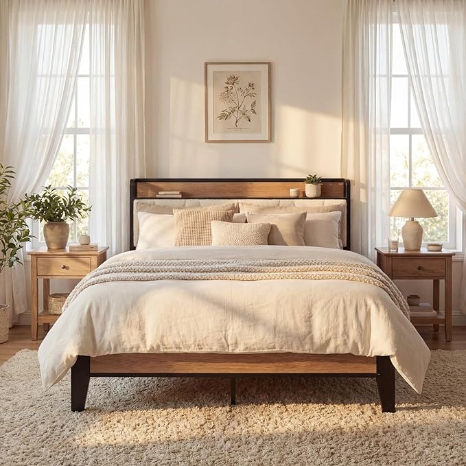 LIKIMIO Full Bed Frames Storage Headboard with Charging Station Solid and Stable Noise Free No Box Spring Needed Easy Assembly Wood and Cream