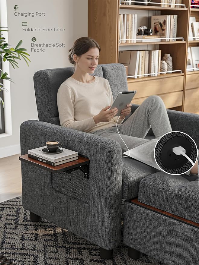 Convertible Sleeper Chair 3 in 1 Pull Out Sofa Bed | Single Sofa Bed with Storage Ottoman and Adjustable Backrest | Reading Chair with Foldable Table &amp USB Port Grey