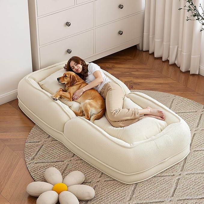 Montary Multifunctional Foldable Lazy Sofa Bed - 5-Position Ergonomic Design with 2 Soft Pillows Shared Lounger for Adults &amp Pets for Living Room Bedroom and Reading Nook (White)