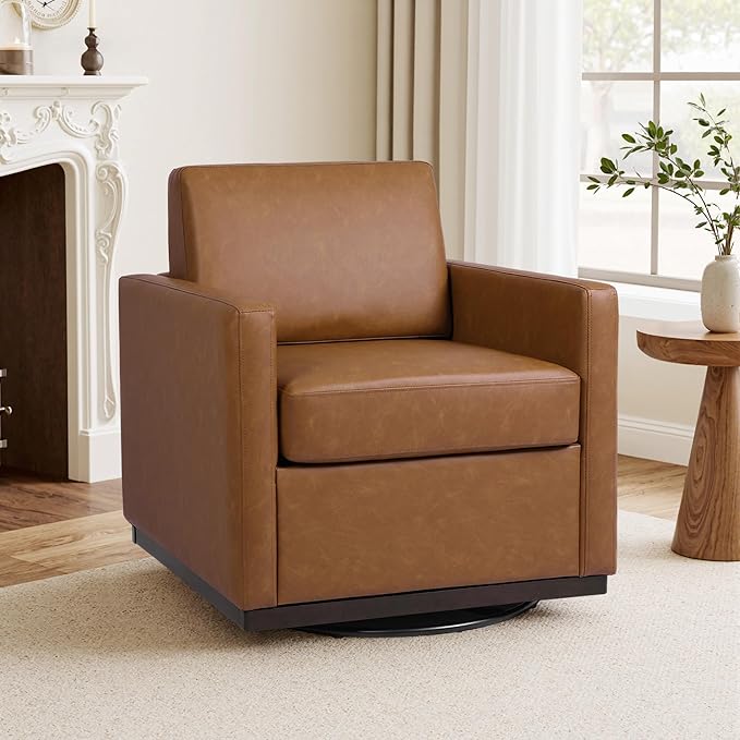 Swivel Barrel Accent Chair Mid Century Modern Arm Chair for Living Room Bedroom Comfy Club Reading Lounge Sofa Corner Chairs for Adults (Leather Brown Set of 1)