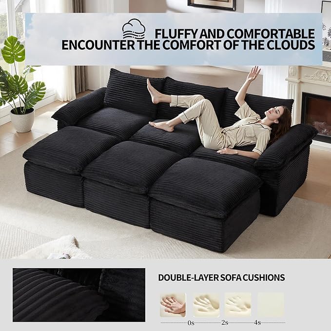 Modular 2-in-1 Sofa Bed &amp Ottoman Set - Corduroy Boneless Cloud-Like Living Room (Black Sofa Bed-3 Seaters+3 Ottomans)