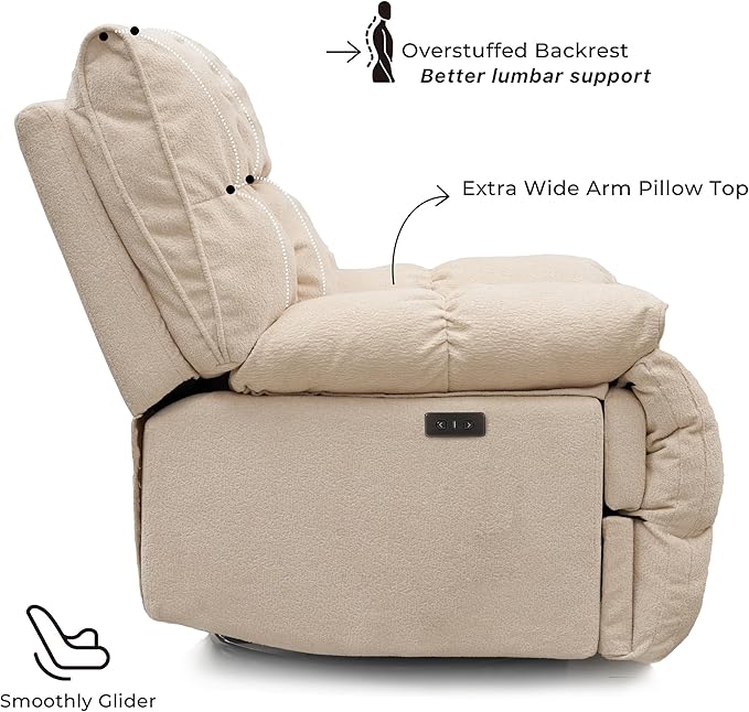 SITJOY Oversized Power Swivel Rocker Recliner Chair Overstuffed Extra Wide Rocking Chair for Big and Tall Glider Recliner Nursery Chair USB Charging Soft Breathable Fabric in Beige Power