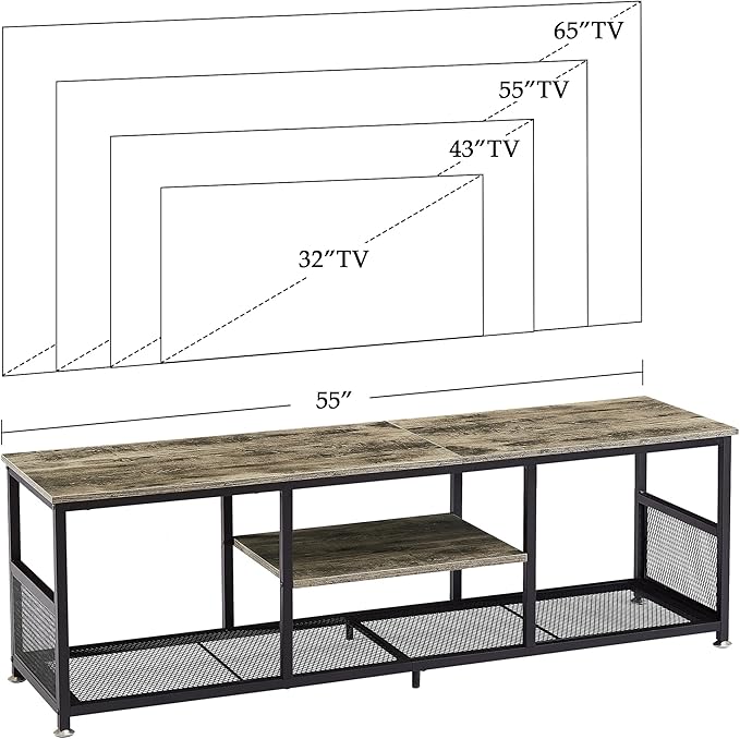 VECELO Industrial TV Stand for Televisions up to 65 Inch 55 Entertainment Center with Open Storage Shelves for Living Room/Bedroom 3 Tiers Media Console Table with Metal Frame Grey 55 Inches