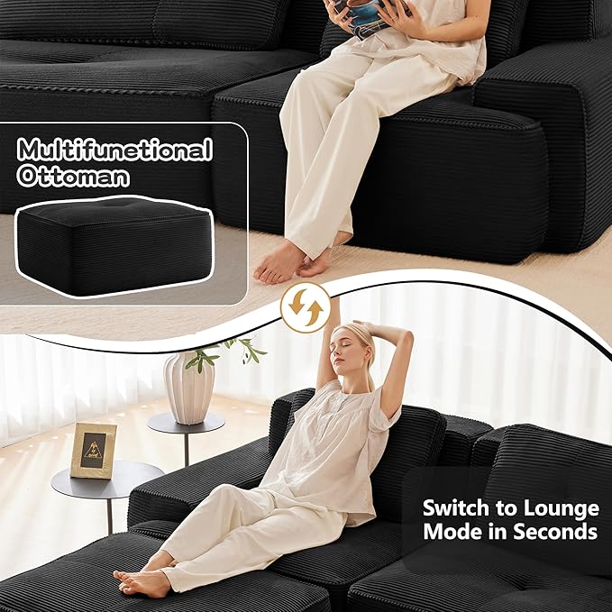 150.4'' Sectional Sofa 32D Foam Corduroy Boneless Couch with Pillow Deep Seat Wide Arm Sectional Couch for Apartment Living Room Bedroom