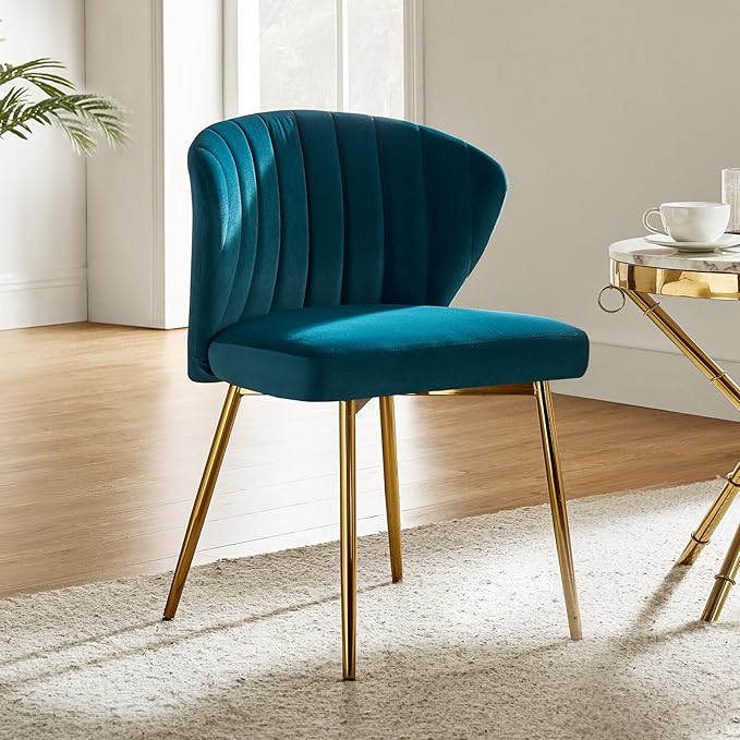 HULALA HOME Velvet Dining Chairs Modern Small Armless Accent Chair with Gold Metal Legs Living Room Upholstered Cute Side Chair Elegant Tufted Back Vanity Chair for Bedroom/Beauty Room-Teal