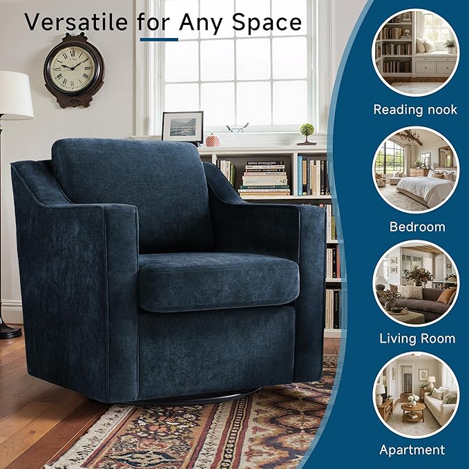 Pia Ricco 2-Pack Plush Oversized Chenille Fabric Swivel Accent Chairs with Removable Covers Living Room Reception Bundle SetGrey Blue