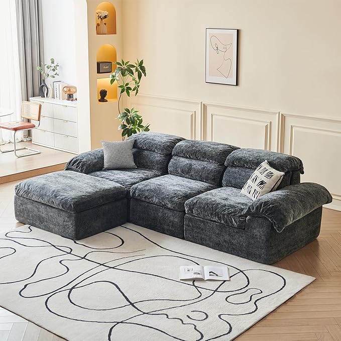115.7 L Shaped Modular Sectional Sofa with Ottoman Cloud Boneless Couch Upholstered Sofa in a Box Flexible Module Combination for Living Room No Assembly Grey