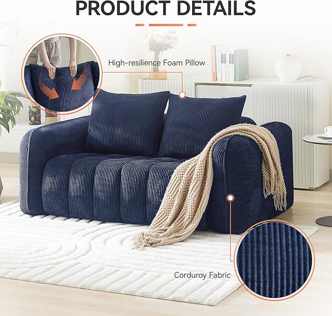 66'' Boneless Corduroy Loveseat Sofa 2 Seater Tufted Deep Seat Couch with Rounded Armrest Upholstered Cloud Couch for Living Room Bedroom No Assembly Navy