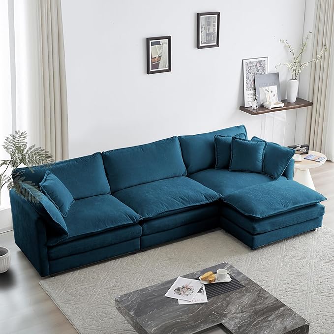 111.42 Modular Sectional Sofa Convertible Modern L Shaped Sofa Blue Chenille Deep Seat Cloud Couches Set with Ottoman for Living Room Bedroom Apartment Office 3 Seater