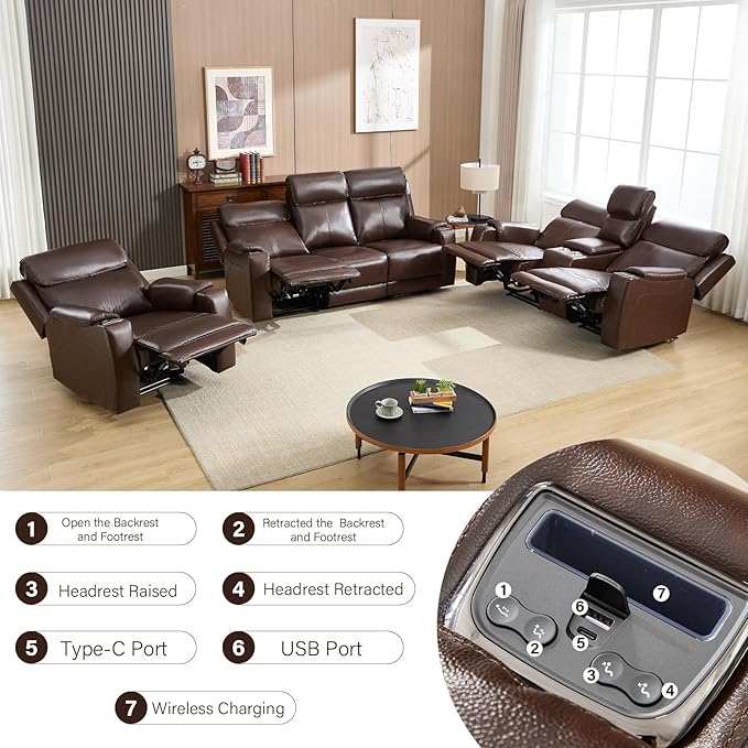 CANMOV Genuine Leather Recliner ChairPower Recliner Chair with Adjustable HeadrestBreathable Leather Reclining Single Sofa with Wireless ChargerUSB&amp Type-C Charging PortDark Brown