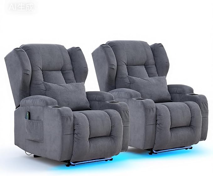 IPKIG Power Recliner Chair with Massage and Heat Electric Recliner for Living Room Home Theater Bedroom with LED Lights USB Charger Cup Holders Side Pockets &amp Lumbar Pillow (2 Grey)