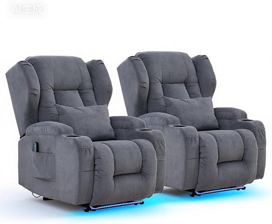 IPKIG Power Recliner Chair with Massage and Heat Electric Recliner for Living Room Home Theater Bedroom with LED Lights USB Charger Cup Holders Side Pockets &amp Lumbar Pillow (2 Grey)
