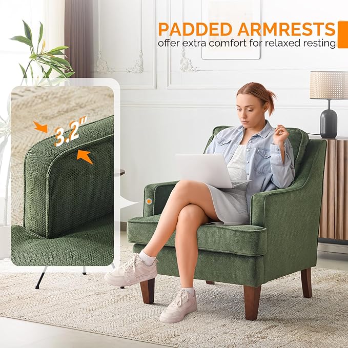 VINGLI Mid-Century Modern Accent Chair Green Upholstered Armchair Comfy Sofa Chair Reading Chair High Back for Living Room Bedroom Furniture Apartment