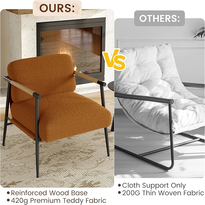 GarveeHome Comfy Chair Modern Accent Chair with Metal Frame Cozy Reading Chair with Soft Cushion &amp Wood Armrest for Bedroom Living Room Brown