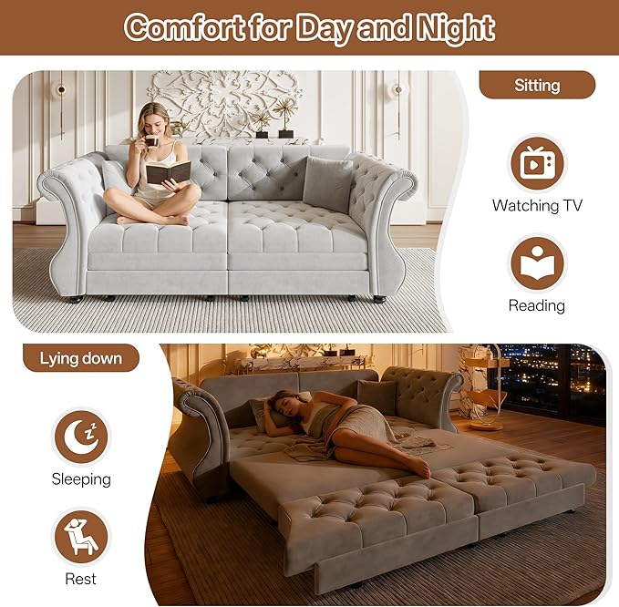 83.8 Queen Size Sleeper Sofa Bed 3-in-1 Convertible Pull Out Chesterfield Sleeper Couch Oversized Velvet Flower Button Tufted Loveseat Sofa for Living Room Small Spaces Grey