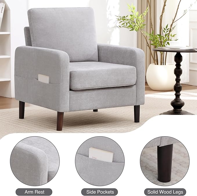Accent Chair for Living Room Modern Reading Chair for Bedroom Upholstered Armchair with Wood Legs and Side Pockets Single Sofa Side Chair for Office Small Room Apartment Light Grey