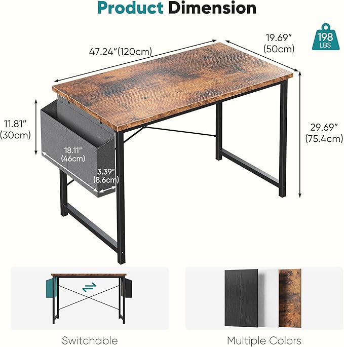 OLIXIS Computer Desk 47 Inch Home Office Desks for Small Spaces Gaming Writing Study Work Table with Storage Bag for Bedroom Rustic Brown