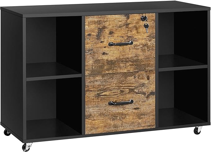 Topeakmart 2 Drawer File Cabinet for Letter Size A4 Size Large Mobile Lateral Filing Cabinet Printer Stand with 4 Storage Compartments for Home Office (Black/Rustic Brown)