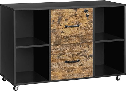 Topeakmart 2 Drawer File Cabinet for Letter Size A4 Size Large Mobile Lateral Filing Cabinet Printer Stand with 4 Storage Compartments for Home Office (Black/Rustic Brown)