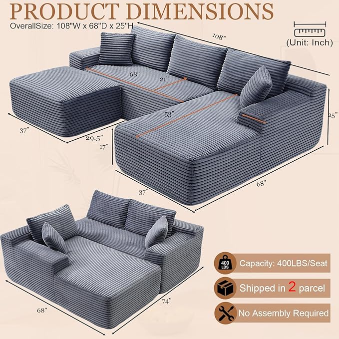108 Cloud Modular Sectional Couch with Moveable Ottoman Modern Minimalist Upholstered Boneless Couch Deep Seat Corduroy Corner Couches (Gray Right Facing Chaise + Ottoman)