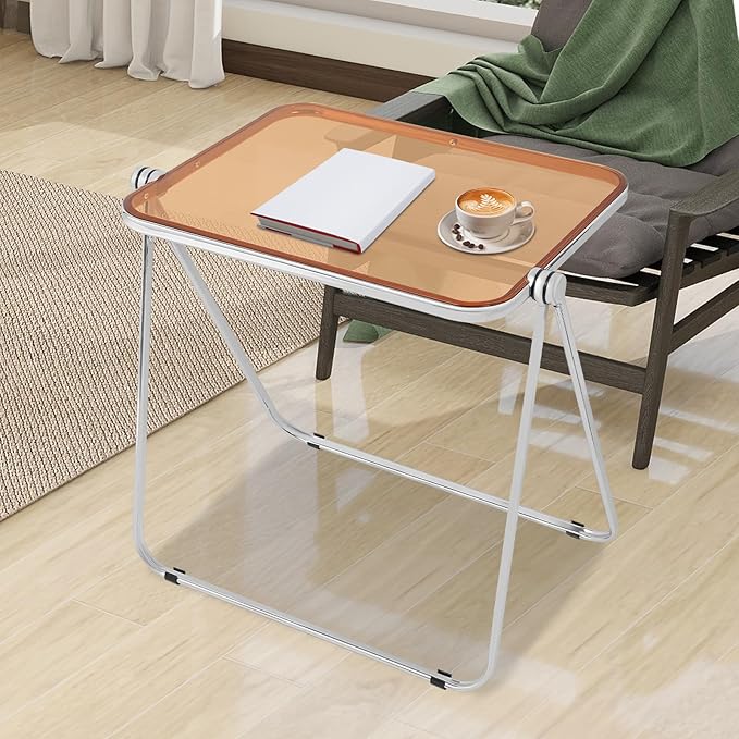 Folding TV Tray Table Acrylic Foldable Desk No Assembly Required Mini Folding Desk for Home Office Living Room Bed Room Outdoor (Silver + Clear + Tan)