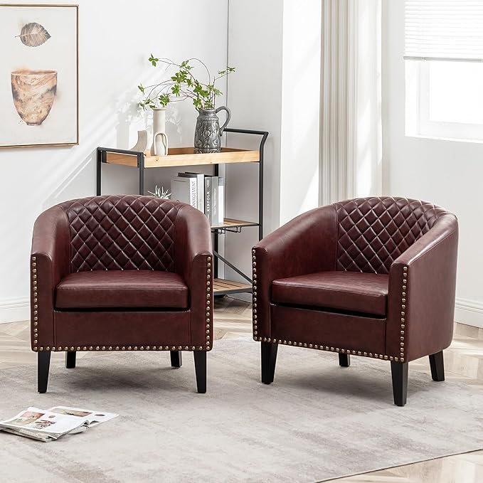 KINWELL 29 W Faux Leather Barrel Chairs Set of 2 Modern PU Upholstered Tufted Club Chairs with Nailhead Trim Small Armchairs Accent Chairs for Living Room Bedroom Apartment Lounge Nursery Red
