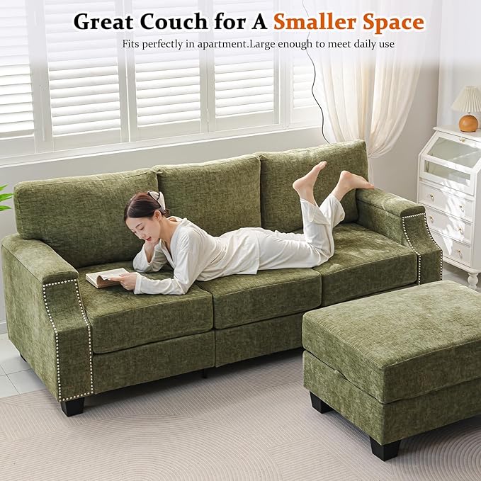 85 Sectional Couches with Storage OttomanL Shaped Couch with Armrest Organizer3-Seater SofaSmall Sofas for Living RoomApartmentSofa Set with Oversized ChairChenilleGreen