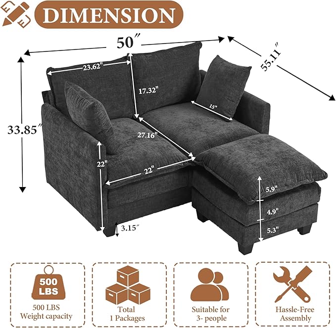 50 Loveseat Sofa with Ottoman| Chenille L Shape Love Seat Couch with 2 Pillows | 27.16 Deep Seat for Small Spaces Bedroom Dorm Apartment | Black