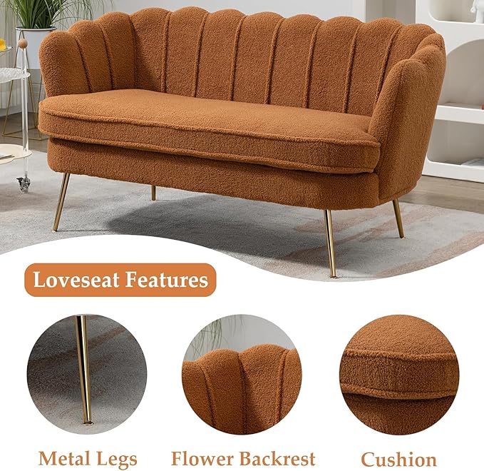 59 Wide Modern Boucle Loveseat Small Sofa Small Mini Room Couch 2-Seater Sofa with Gold Metal Legs for Space Office Studio Apartment Bedroom (Caramel)