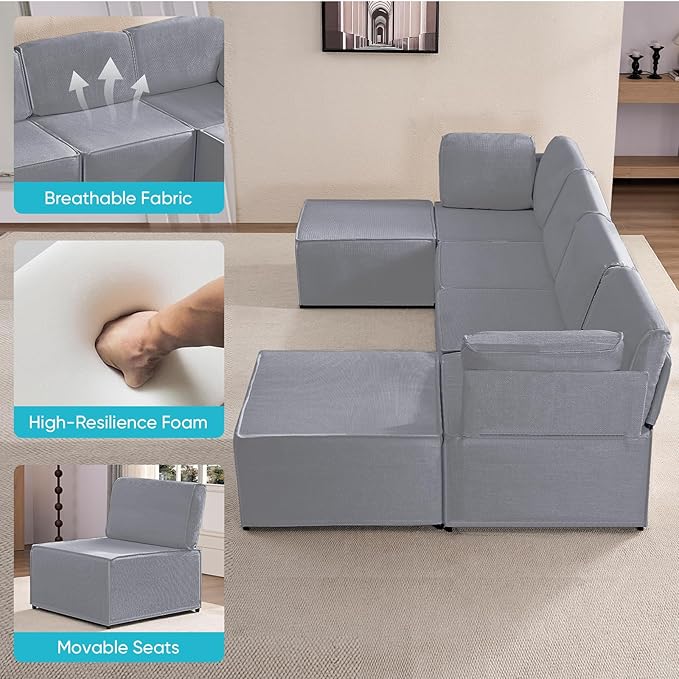 CECER Modular Sectional Sofa U Shaped Convertible Couch Sofa with Reversible Chaises Queen Sleeper Sofa Modular Oversized Sofa Couches for Living Room (Light Grey)
