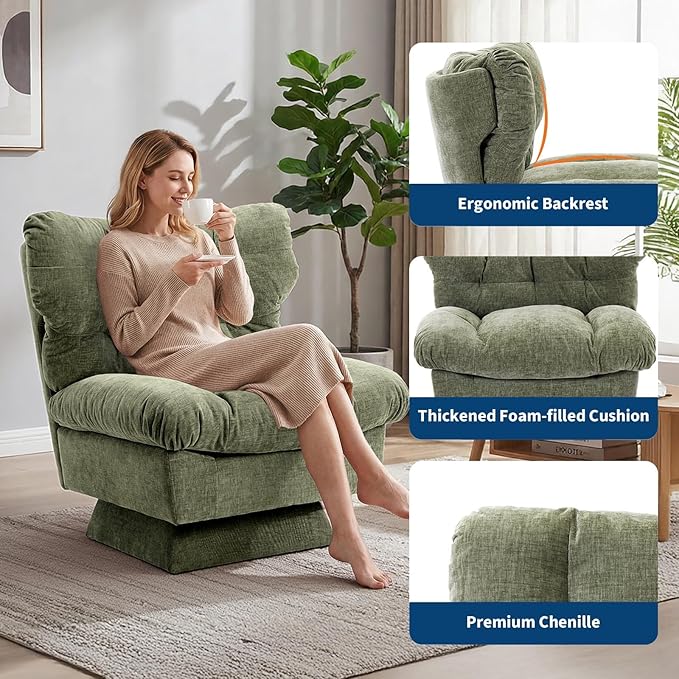 TrailBlaze Oversized Chenille Swivel Accent Chair – 360° Modern Lounge Chair Extra-Wide 20.8 Seat Thick Cushion Cozy Upholstered Living Room Bedroom Office 300lb Capacity