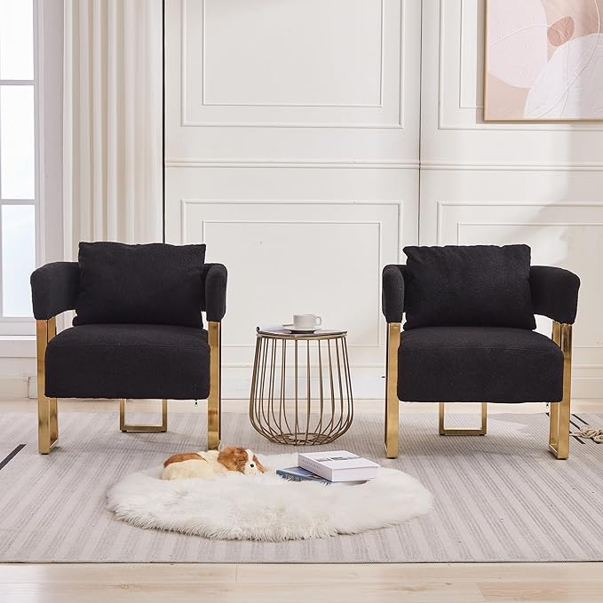 YITAI Modern Accent Chairs no Wheels Living Room Side Chairs Set of 2 with Golden Metal Legs Barrel Soft Teddyt Upholstered Reading Armchairs for OfficeReception RoomBedroomLoungeBlack