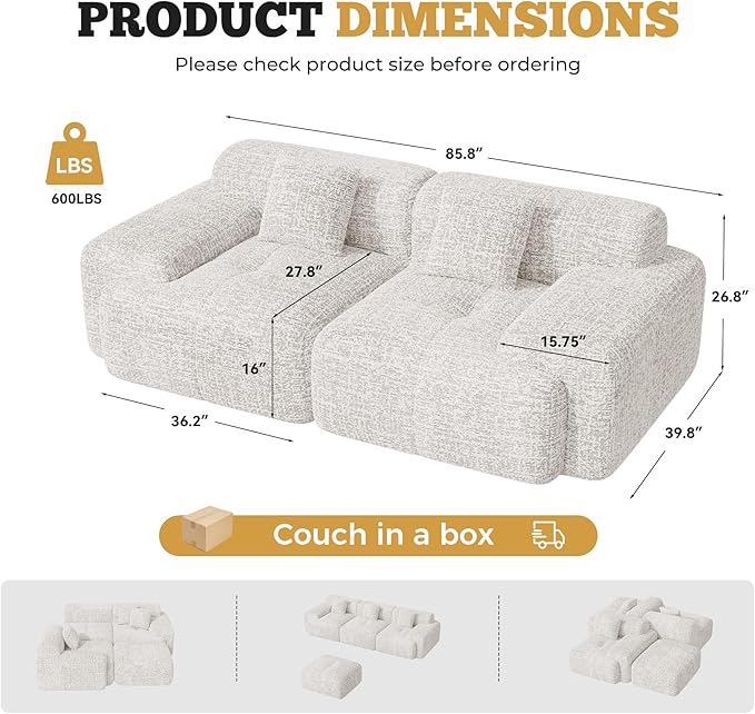 85 Cloud Loveseat Sofa in a Box Modern Small Couch No Assembly Required Comfy Deep Seat Boneless Couches for Living Room Bedroom Apartment Beige 1 PCS