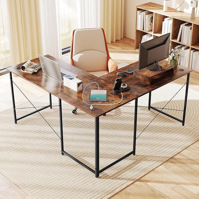 Tangkula L-Shaped Computer Desk with Power Outlets 95” Long 2-Person Desk with Monitor Shelf Modern Corner Desk Gaming Table with USB Ports for Home Office