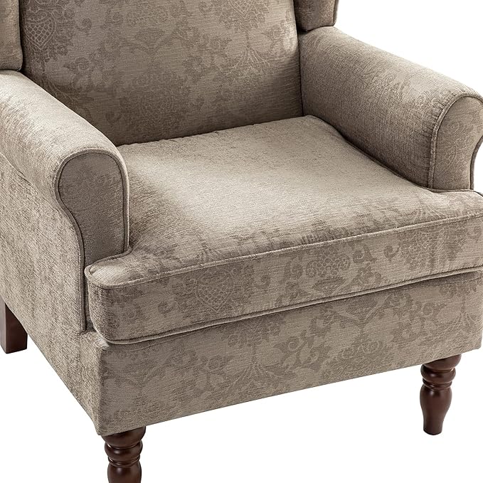 HULALA HOME Wingback Accent Chair with Retro Wood Legs Traditional Fabric Armchair for Living Room Bedroom Comfy Upholstered Single Sofa Chair Reading Chair with Unique Pattern Design Brocade
