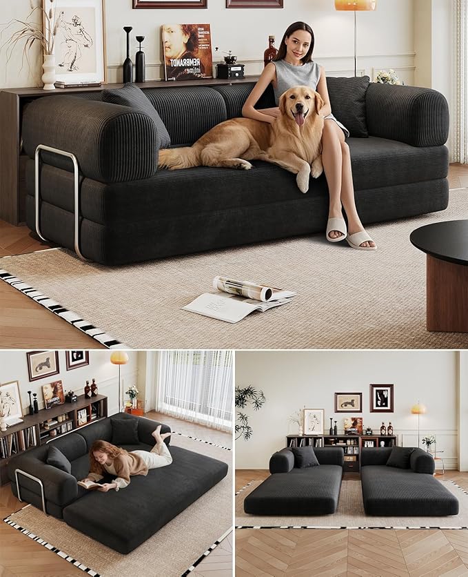 Convertible Sleeper Sofa Bed with Cylindrical Pillow 79 Inch Oversized Corduroy Upholstered Boneless CouchLove Seat Floor Sofas Living RoomSmall Space ApartmentOffice (Black)
