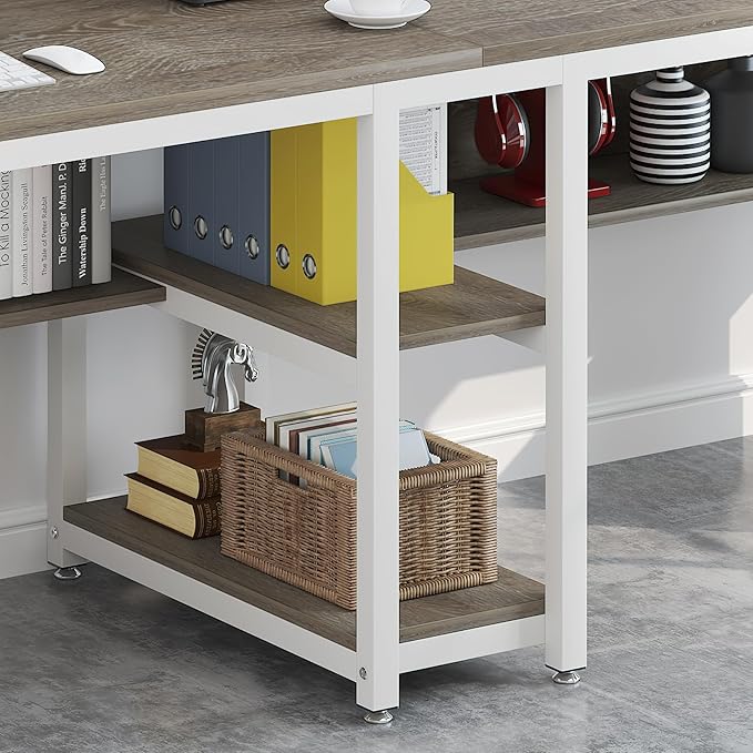 Tribesigns Two Person Desk with Bookshelf 78.7 Computer Office Double Desk for Two Person Rustic Writing Desk Workstation with Shelf for Home Office (Gray/White)